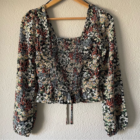 H&M Floral Babydoll Top Women’s XS Puff Long Sleeve Ruched Smocked Coastal Boho - Picture 10 of 16